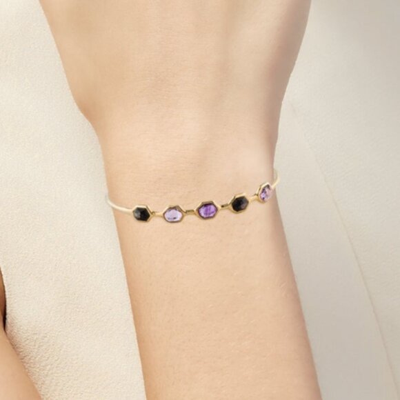 IPPOLITA 18K YG 750 MOTHER OF PEARL- QUARTZ DOUBLET & AMETHYST BANGLE BRACELET - Picture 6 of 7